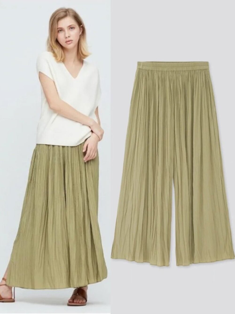 UNIQLO Satin Side-Slit Washer Super Wide Leg Skirt Pants Size XL Sage Green Rare